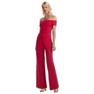 Trina Turk Cherry Red Wide Leg Off the Shoulder Retro Jumpsuit Womens Size 0